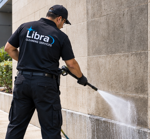 Worker using a pressure washer beside an exterior wall